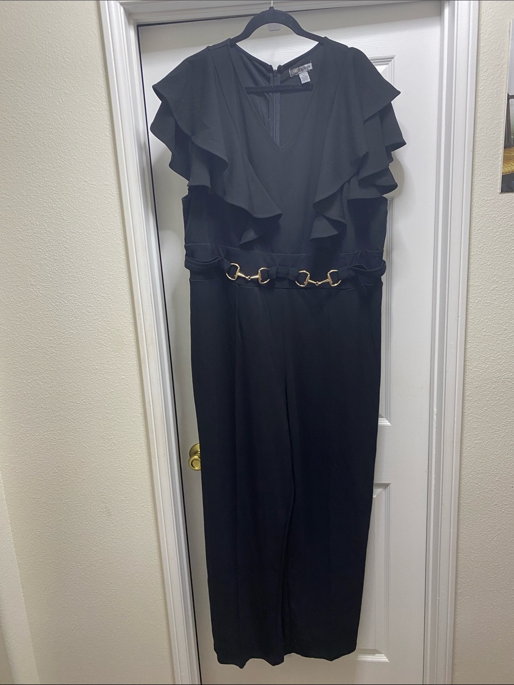 Love By Design Black Ruffle V-Neck Jumpsuit with Gold Chain Waist